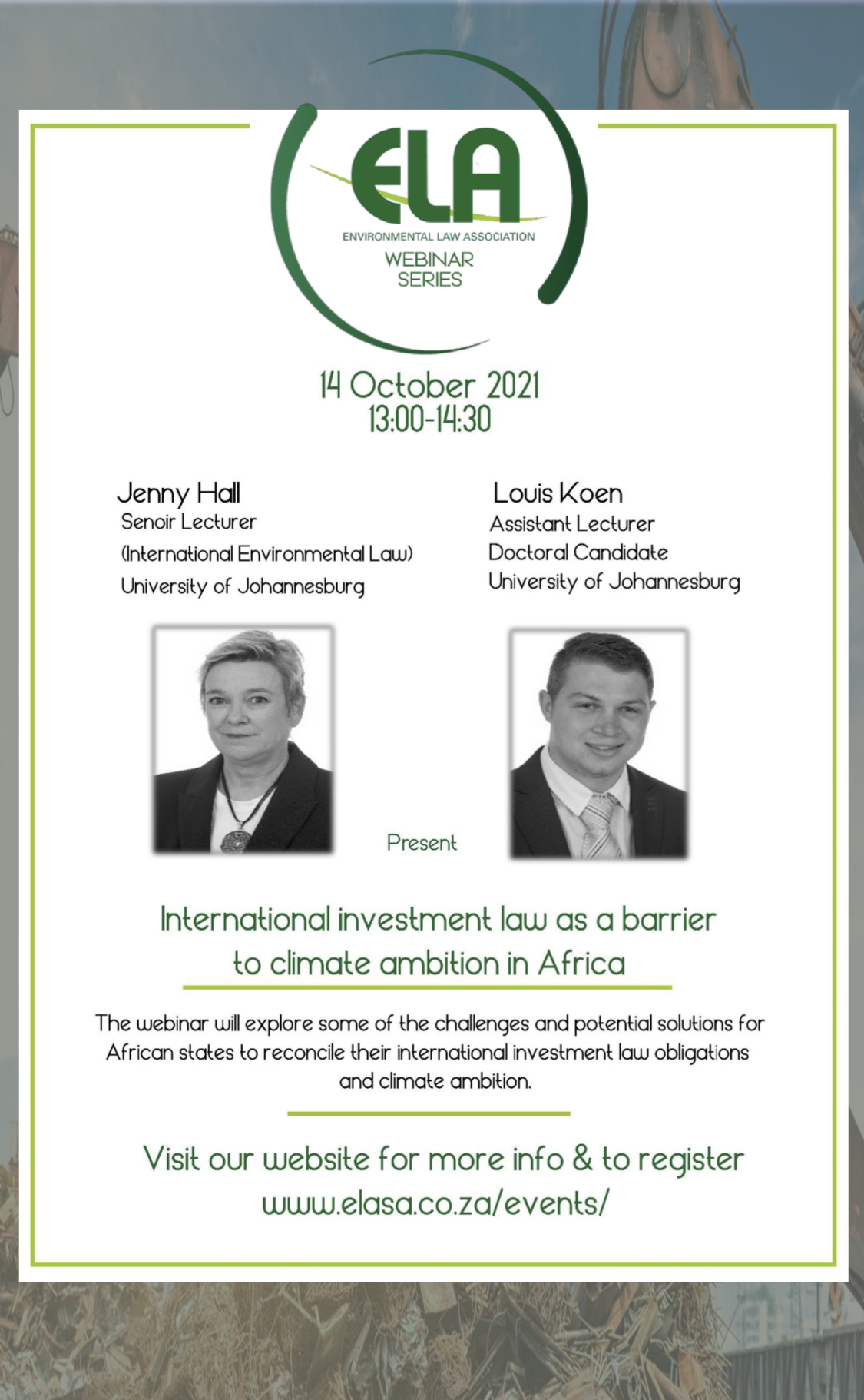 ELA Webinar with Jenny Hall and Louis Koen: The unintended consequences of international investment treaties on climate ambition in Africa